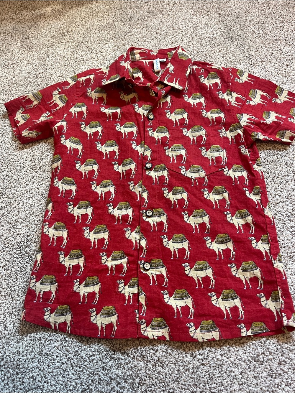 Kids Red Button-Down Shirt with Camel Print